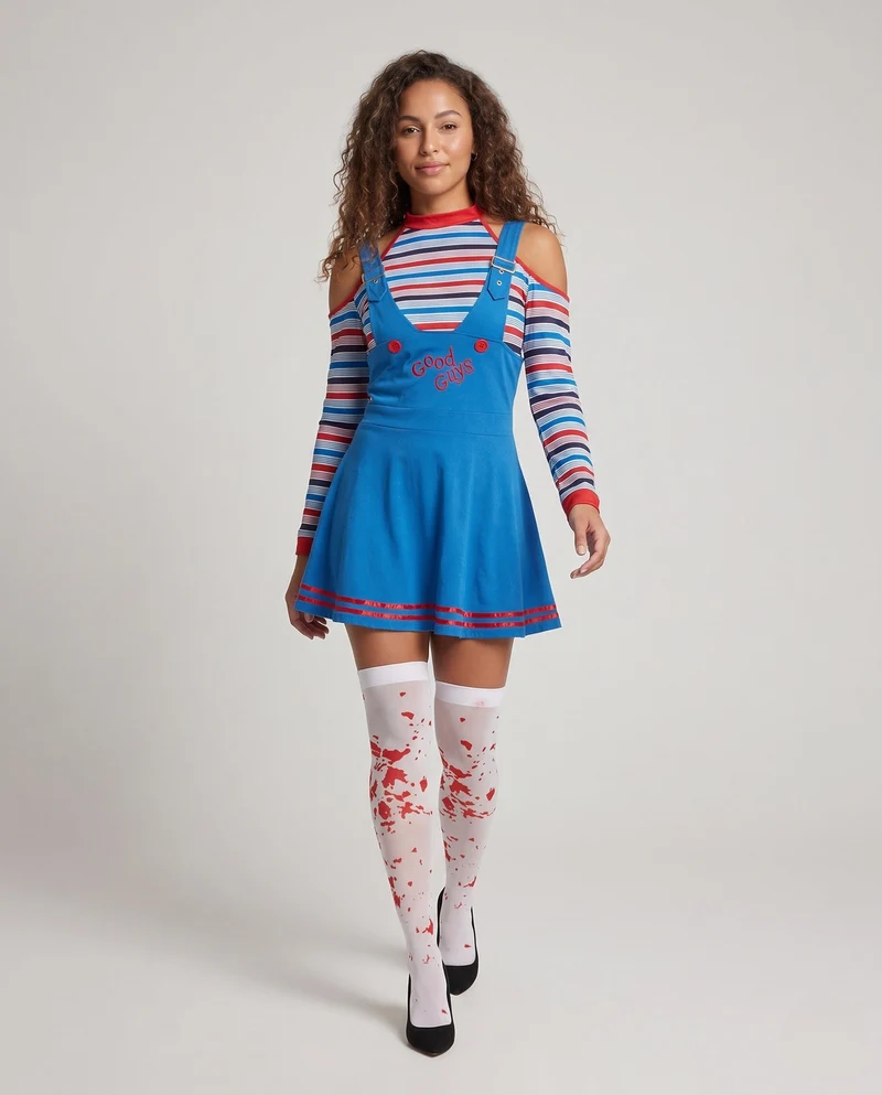 Damen vielseitiges und verspieltes Latzkleid mit gestreiften Langarmshirt Drune