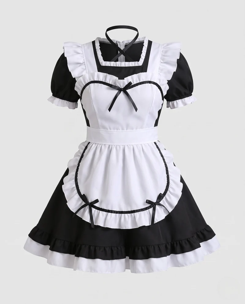 Damen Vintage Dienstmädchenkleid mit Rüschendetails und Schürze Drune