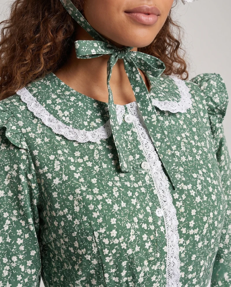 Damen Vintage Kleid mit Schürze und Blumenmuster Drune
