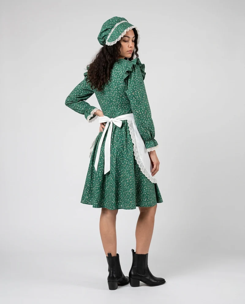 Damen Vintage Kleid mit Schürze und Blumenmuster Drune