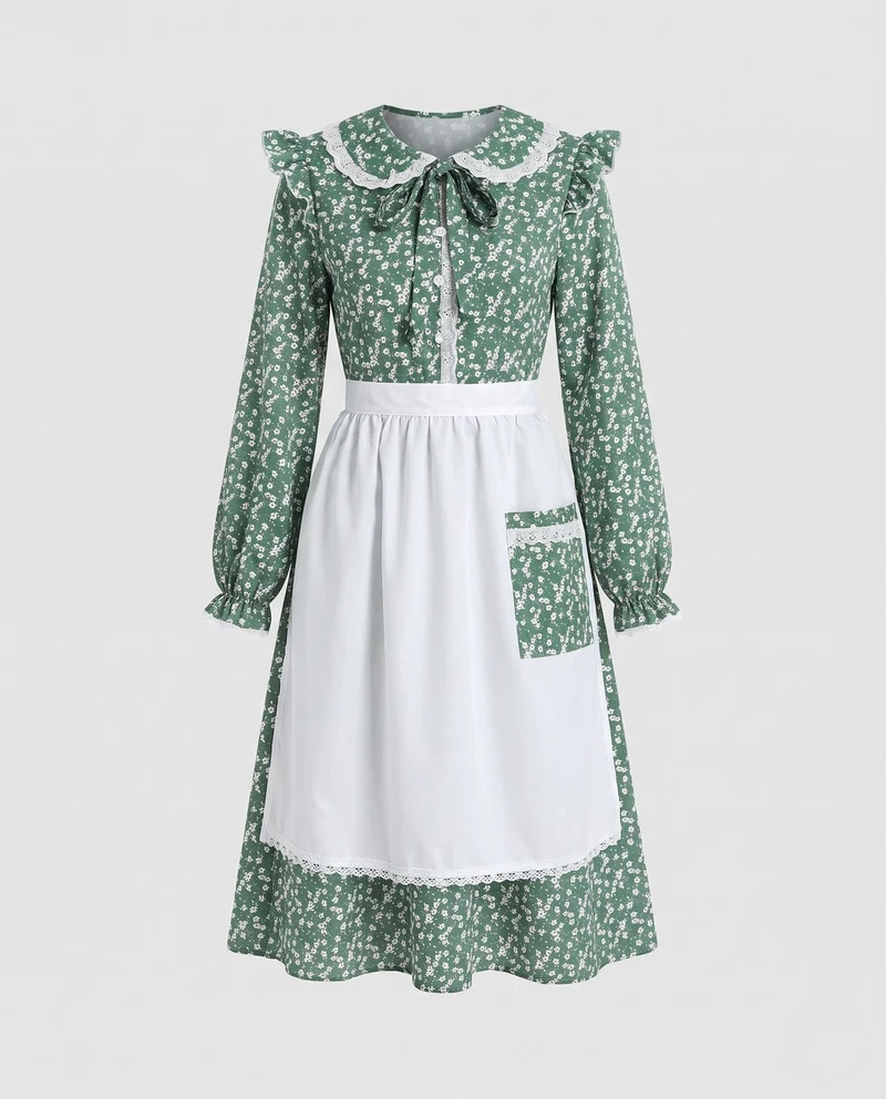 Damen Vintage Kleid mit Schürze und Blumenmuster Drune