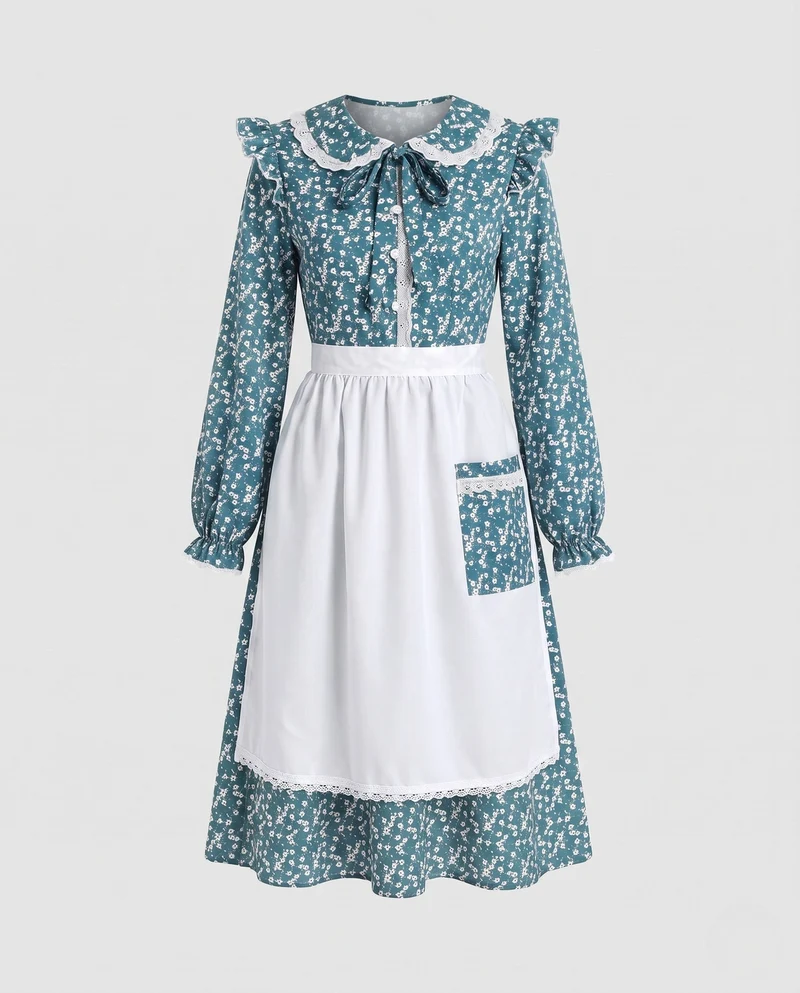 Damen Vintage Kleid mit Schürze und Blumenmuster Drune