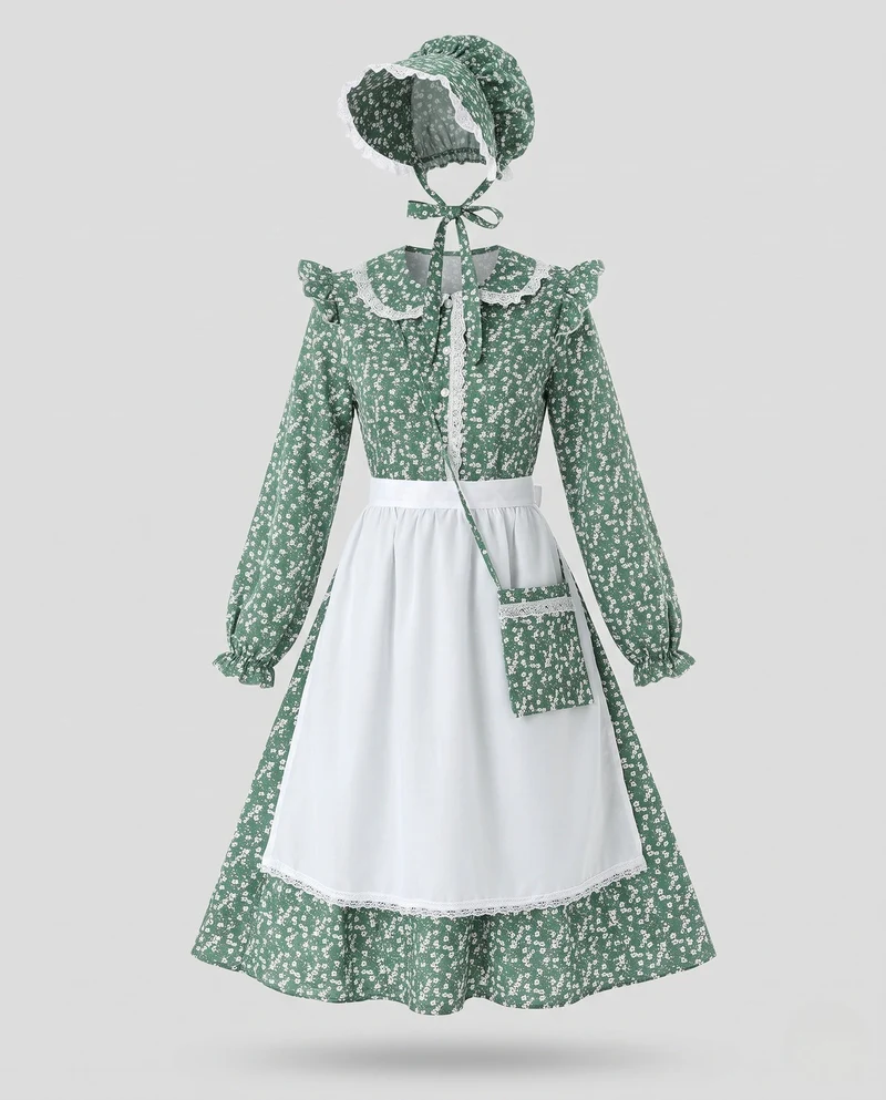 Damen Vintage Landhauskleid mit Schürze und Haube Drune