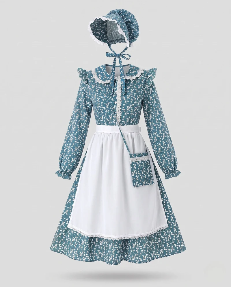Damen Vintage Landhauskleid mit Schürze und Haube Drune