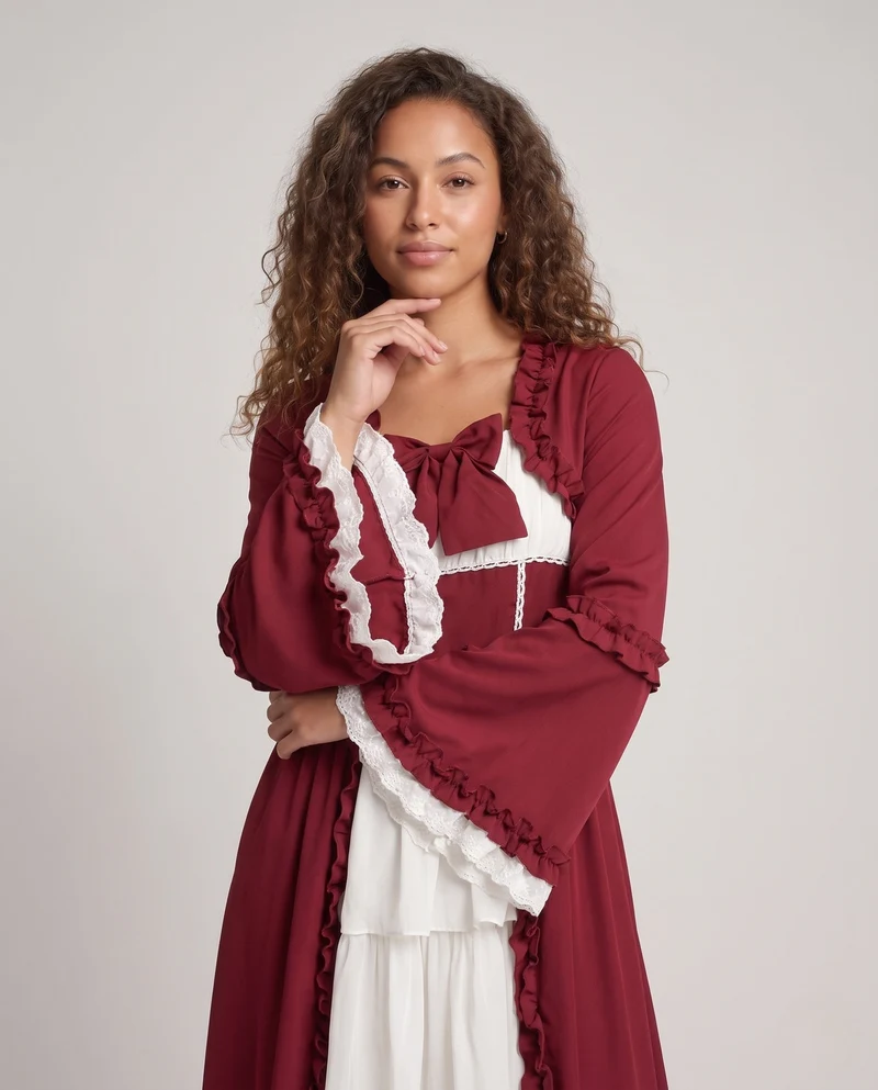 Damen Vintage Maxikleid mit ausgestellten Ärmeln und Rüschendetails Drune