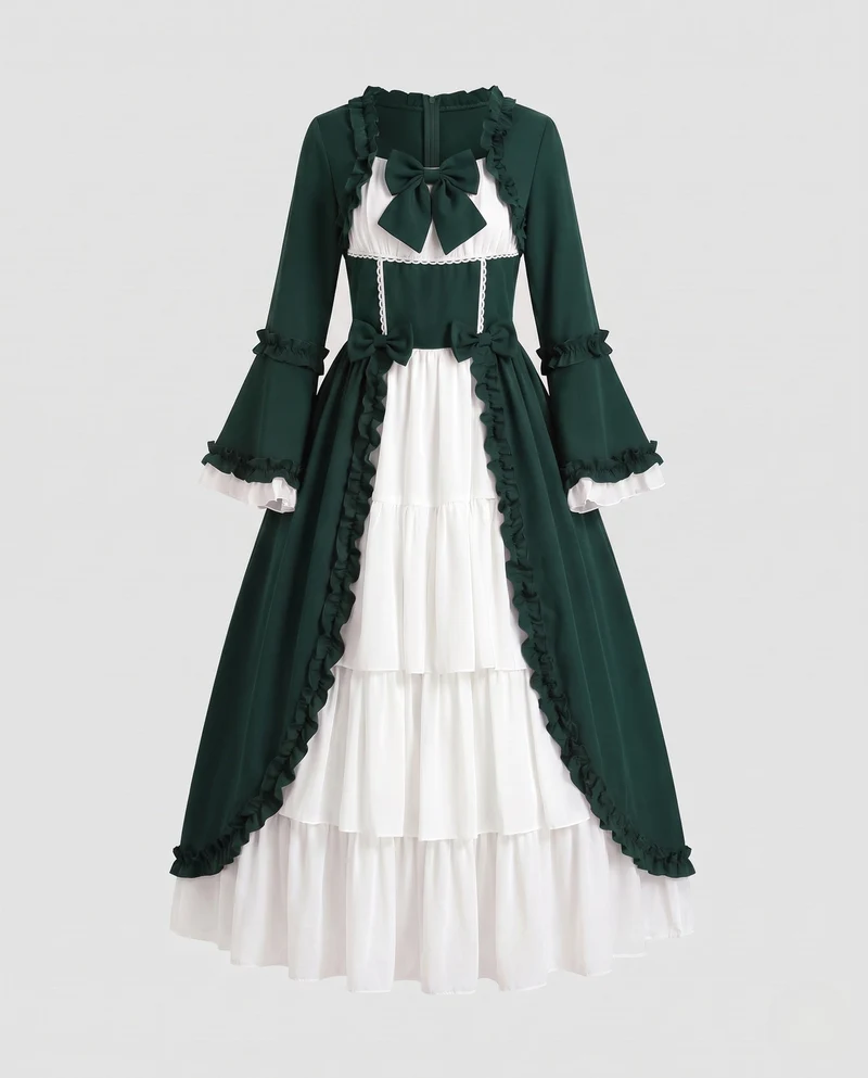 Damen Vintage Maxikleid mit ausgestellten Ärmeln und Rüschendetails Drune
