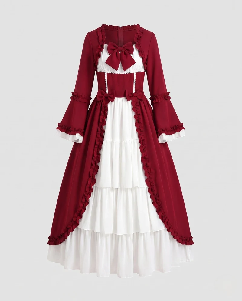 Damen Vintage Maxikleid mit ausgestellten Ärmeln und Rüschendetails Drune