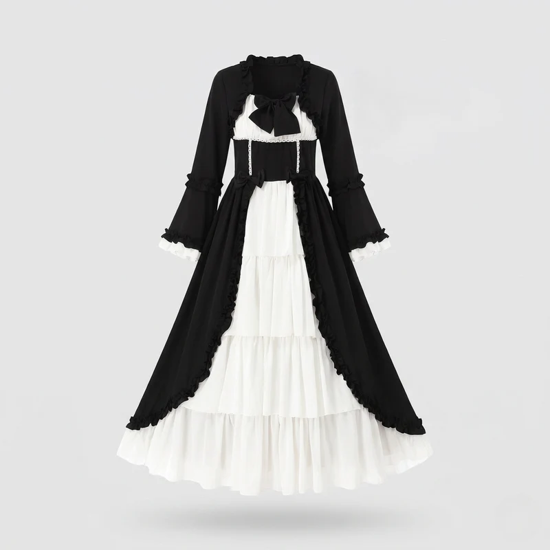 Damen Vintage Maxikleid mit ausgestellten Ärmeln und Rüschendetails Drune