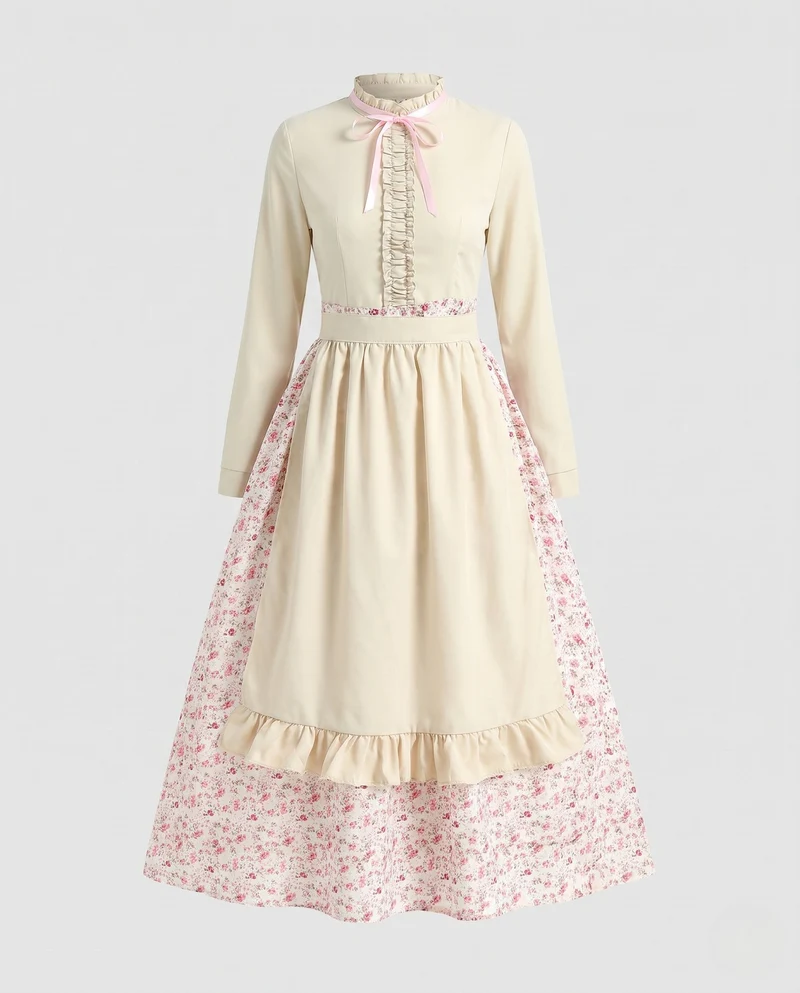 Damen Vintage Schürzenkleid mit blühendem Muster und Umschlagsaum Drune