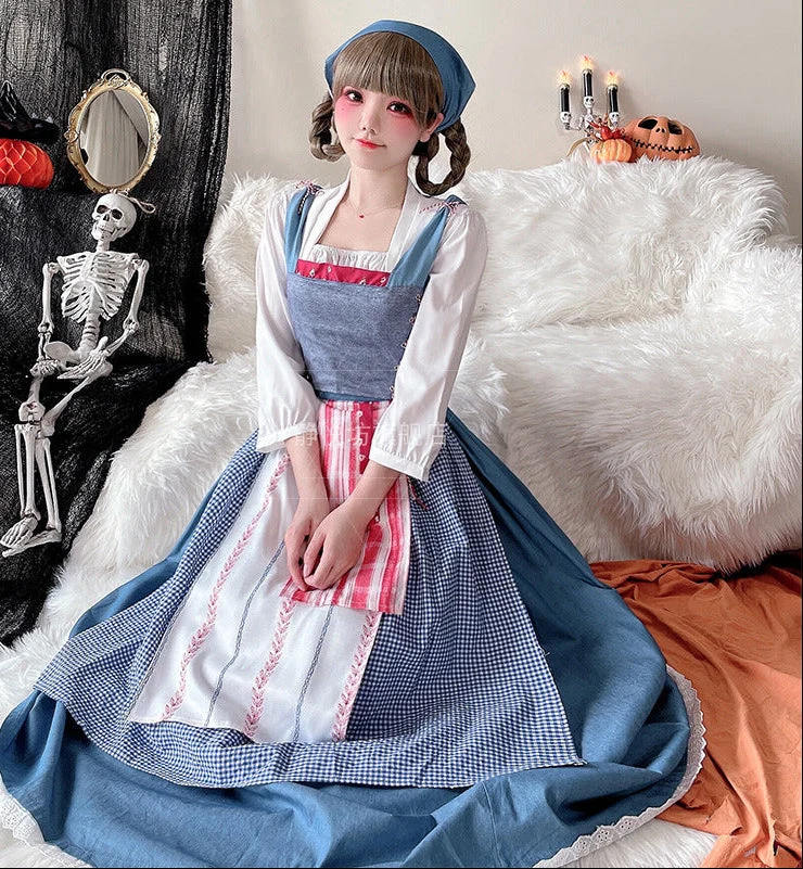 Damen Vintage Schürzenkleid mit fließendem Rock und zarten Rüschendetails Drune