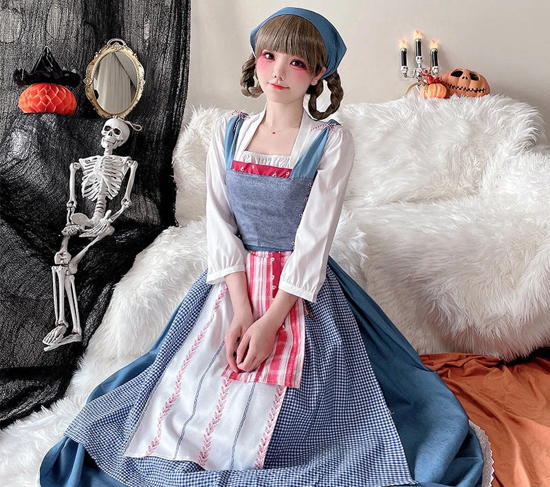 Damen Vintage Schürzenkleid mit fließendem Rock und zarten Rüschendetails Drune
