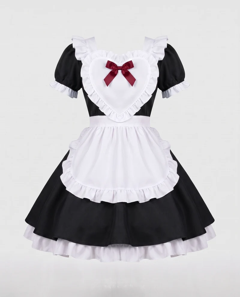 Damen Vintage-Servierkleid mit Rüschen und Haube Drune