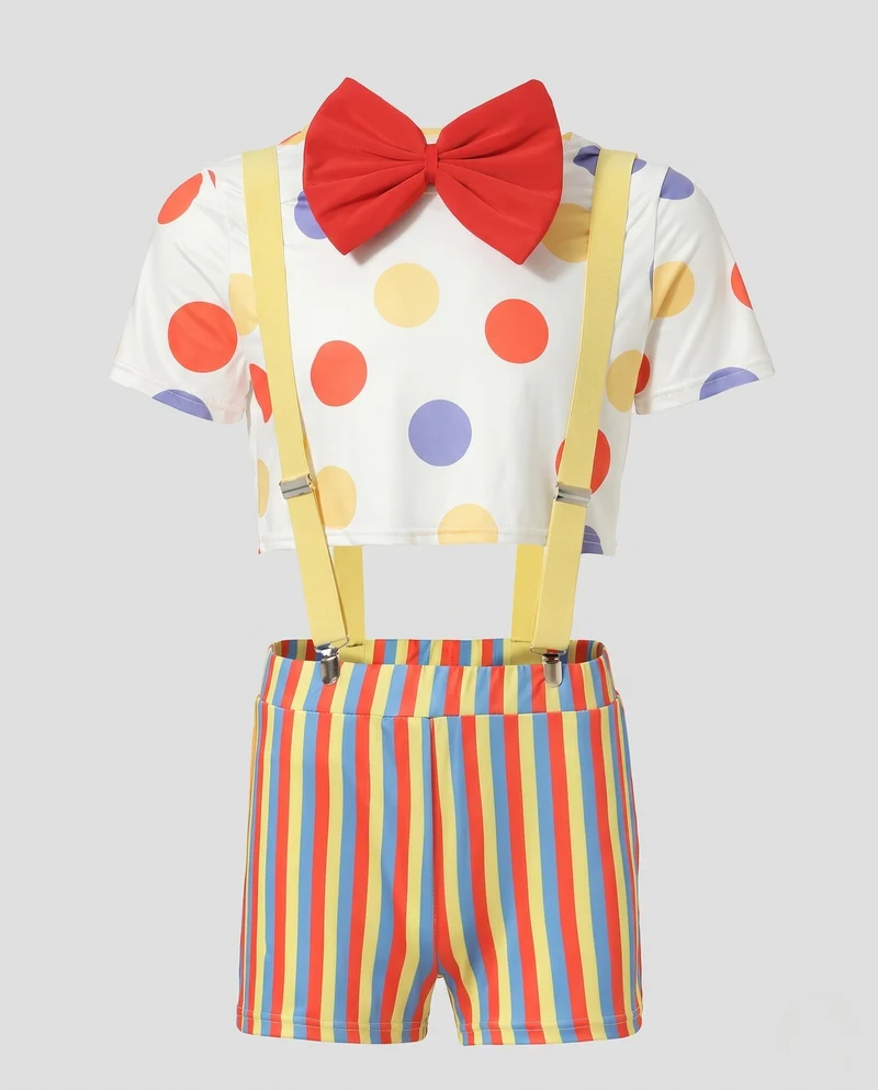 Damen Clownkostüm mit bunten Akzenten und detailverliebtem Zubehör Drune