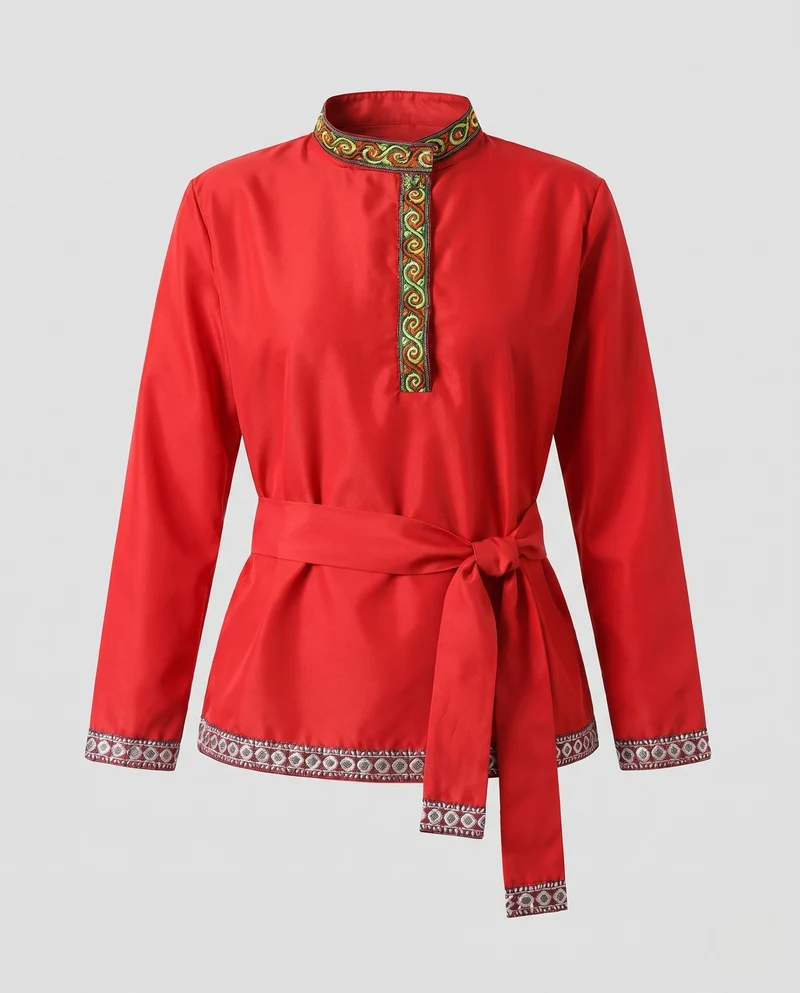 Damen Elegante ethnische Bluse mit feinen Stickereien und Taillengürtel Drune