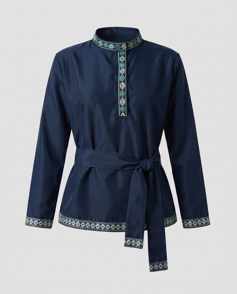 Damen Elegante ethnische Bluse mit feinen Stickereien und Taillengürtel Drune