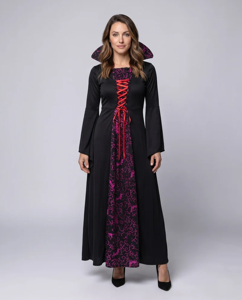 Damen Elegantes Hexen Kleid mit Kapuze und verzierenden Rüschen Drune