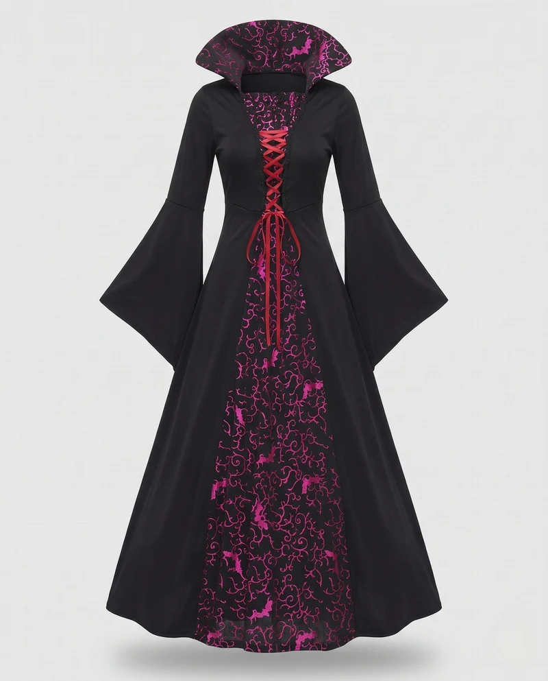 Damen Elegantes Hexen Kleid mit Kapuze und verzierenden Rüschen Drune