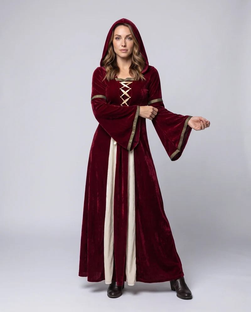 Damen elegantes Kapuzenkleid mit schwingenden Ärmeln Drune