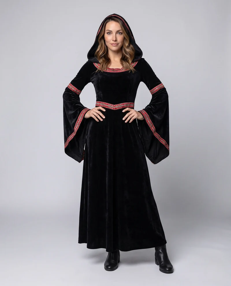 Damen Elegantes Kapuzenkleid mit weiten Ärmeln und aufwendigen Verzierungen Drune