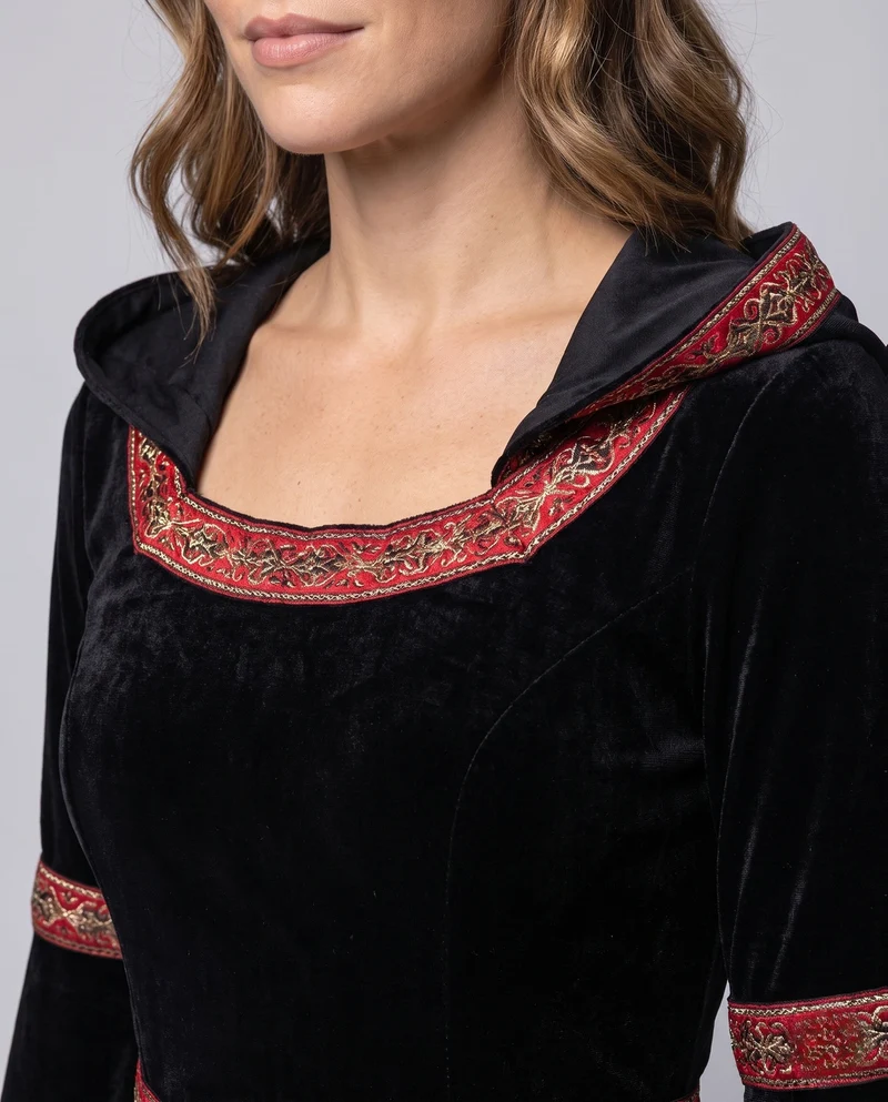 Damen Elegantes Kapuzenkleid mit weiten Ärmeln und aufwendigen Verzierungen Drune