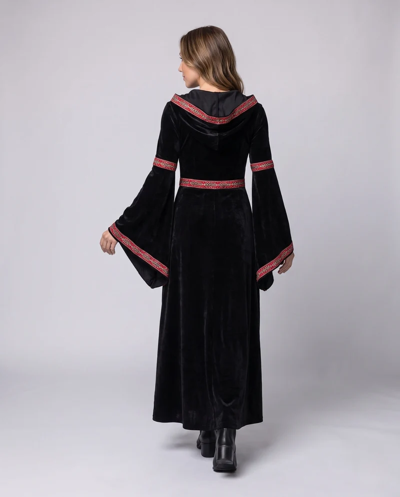 Damen Elegantes Kapuzenkleid mit weiten Ärmeln und aufwendigen Verzierungen Drune