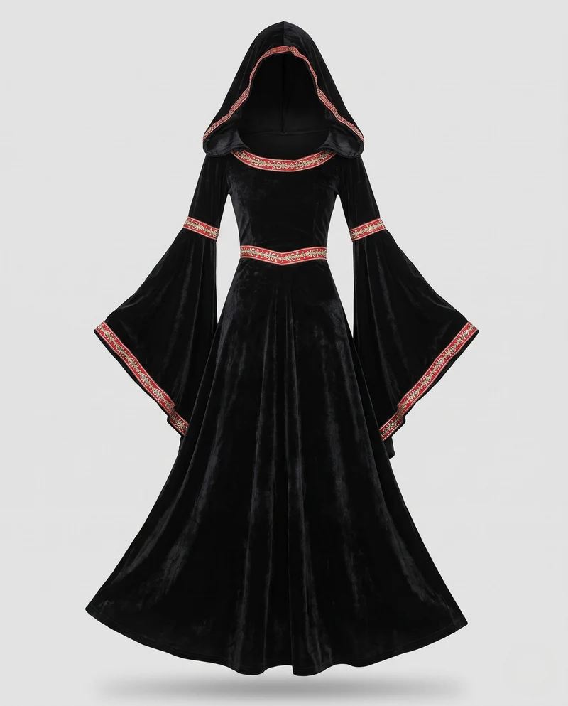 Damen Elegantes Kapuzenkleid mit weiten Ärmeln und aufwendigen Verzierungen Drune