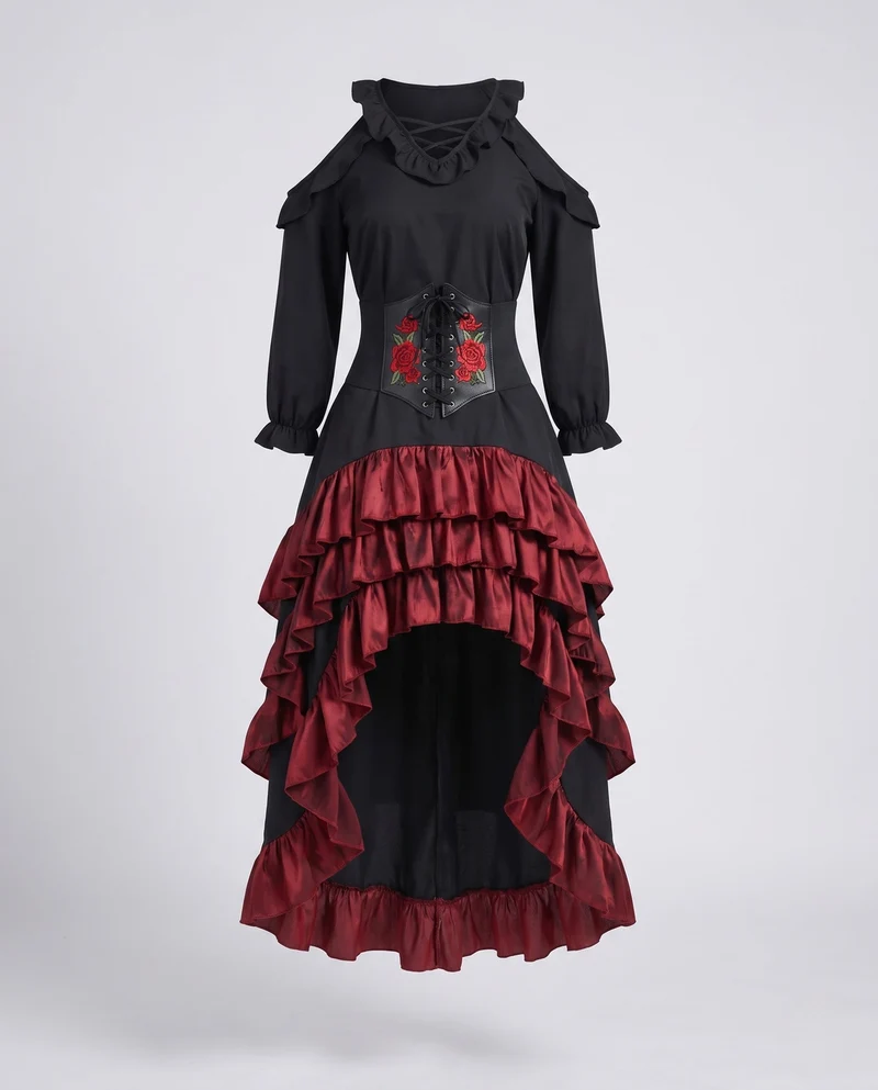Damen Elegantes Steampunk Kleid mit Rüschendetails und Korsett Drune