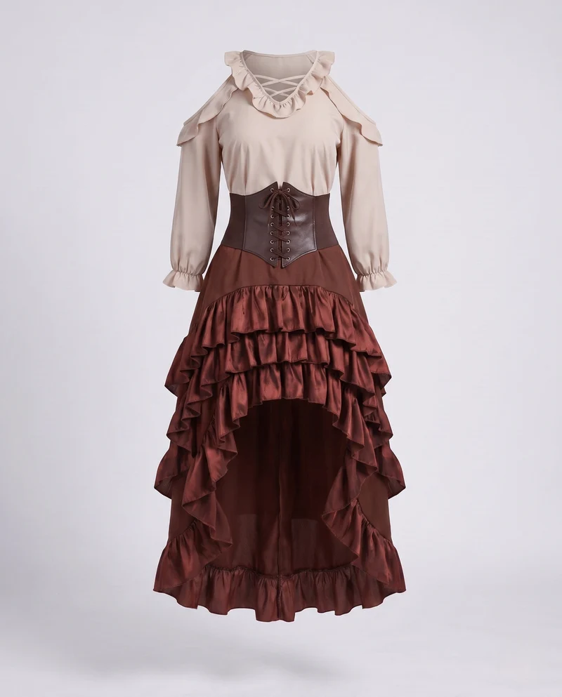 Damen Elegantes Steampunk Kleid mit Rüschendetails und Korsett Drune