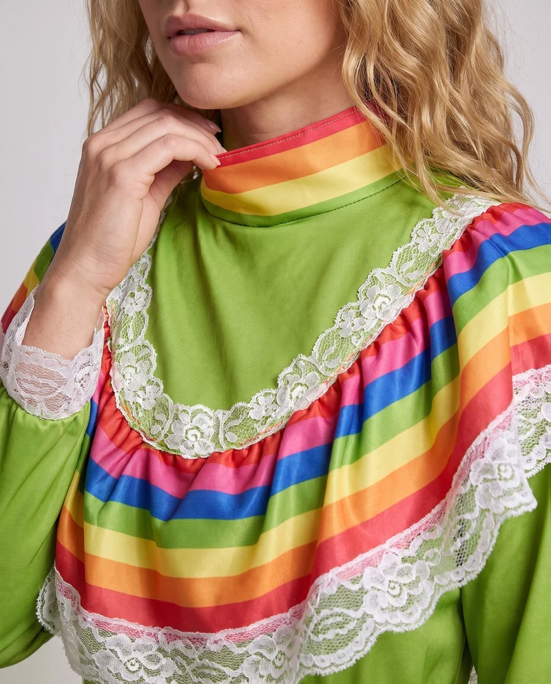 Damen Festliches mexikanisches Kleid mit bunten Akzenten und Spitzenverzierungen Drune