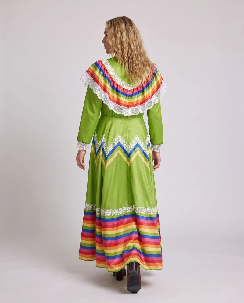 Damen Festliches mexikanisches Kleid mit bunten Akzenten und Spitzenverzierungen Drune