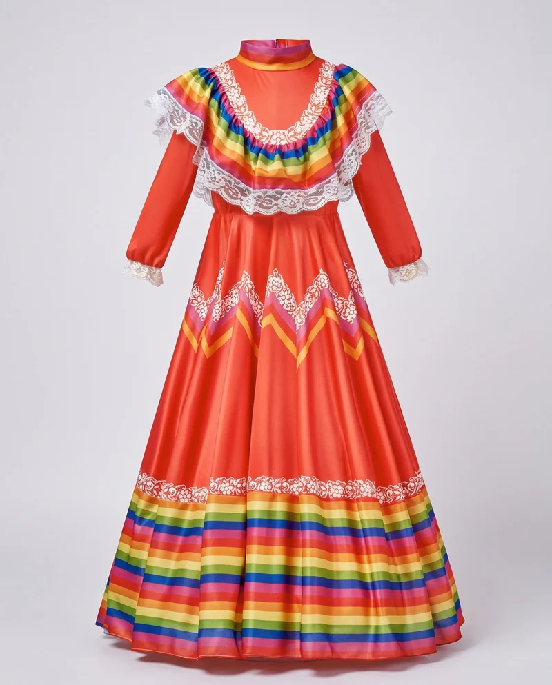 Damen Festliches mexikanisches Kleid mit bunten Akzenten und Spitzenverzierungen Drune