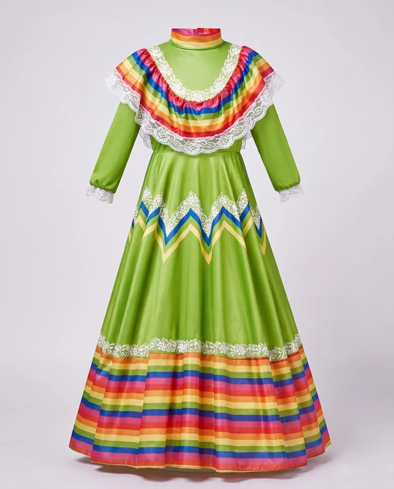 Damen Festliches mexikanisches Kleid mit bunten Akzenten und Spitzenverzierungen Drune