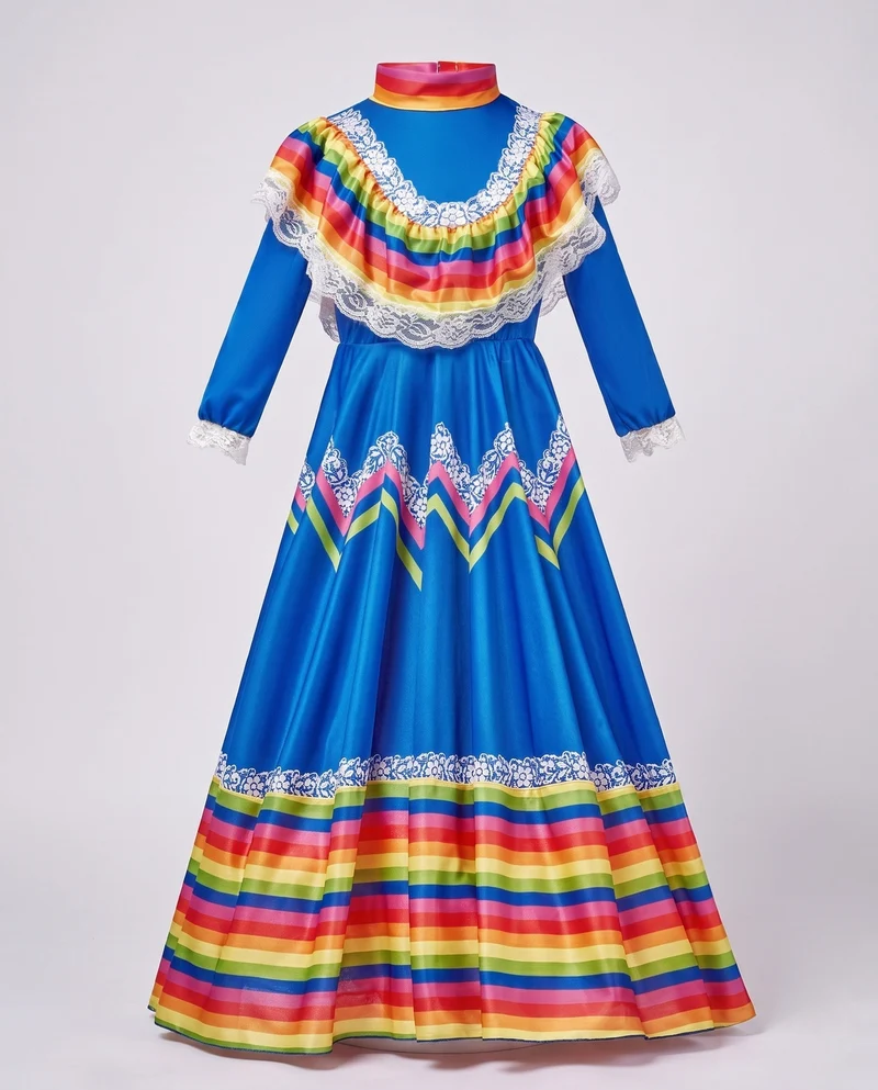 Damen Festliches mexikanisches Kleid mit bunten Akzenten und Spitzenverzierungen Drune