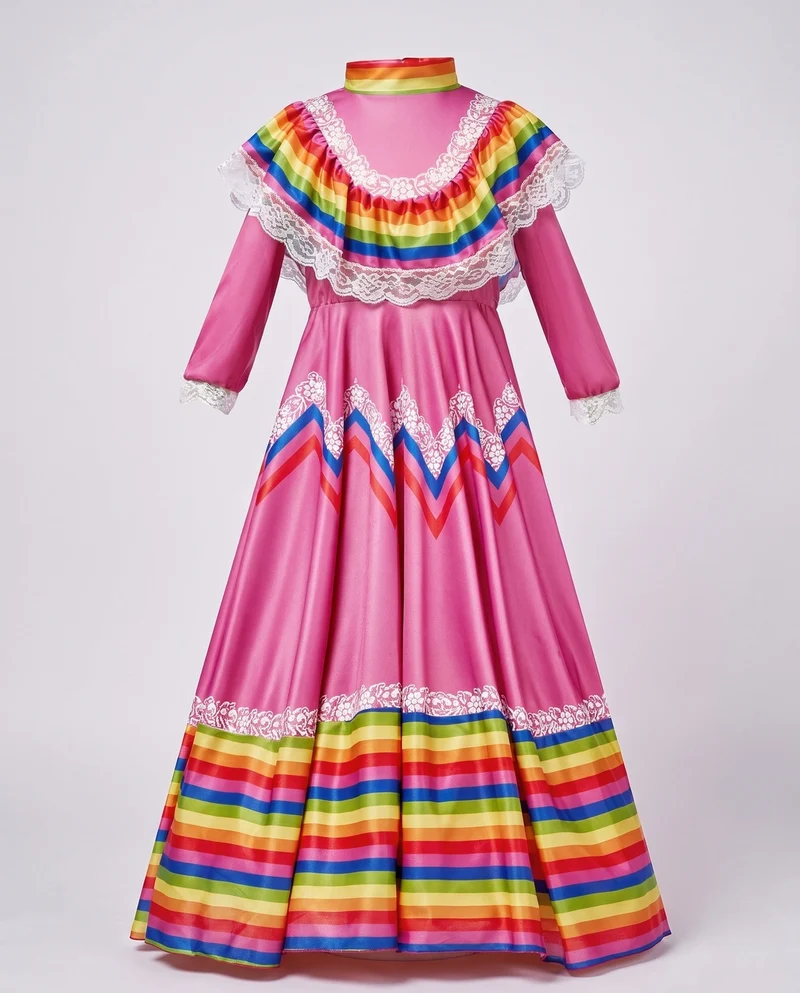 Damen Festliches mexikanisches Kleid mit bunten Akzenten und Spitzenverzierungen Drune