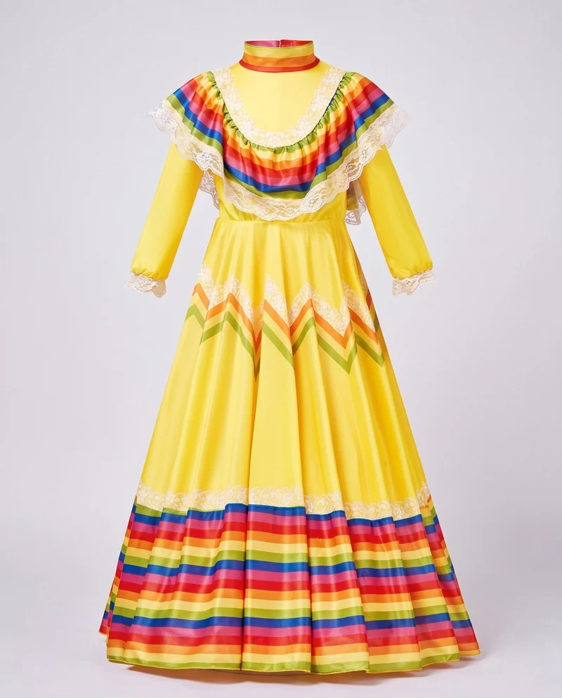 Damen Festliches mexikanisches Kleid mit bunten Akzenten und Spitzenverzierungen Drune