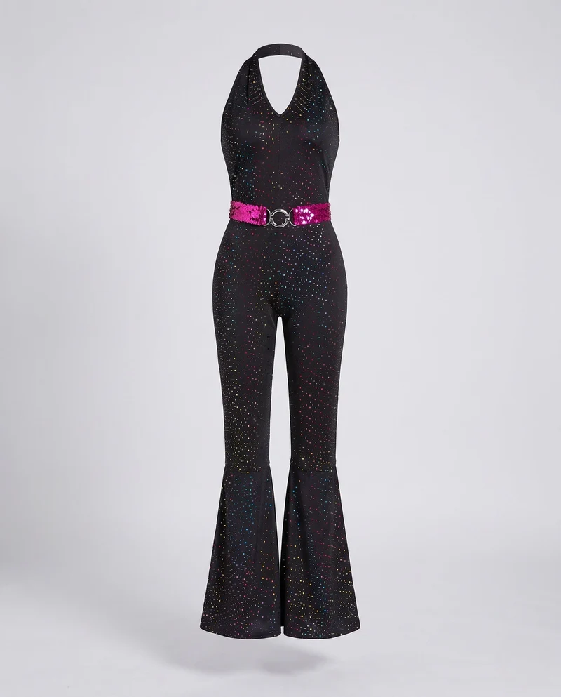 Damen Funkelnder Disco Overall mit weitem Bein und glitzerndem Gürtel Drune