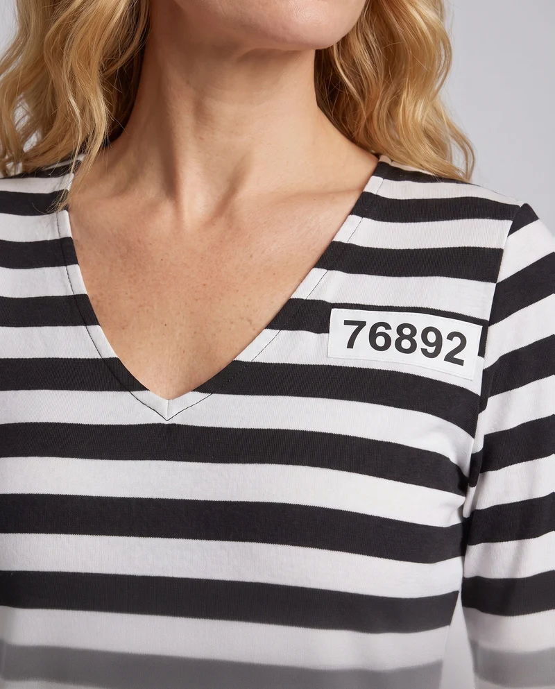 Damen Gefängnis-Outfit mit gestreiftem Design und passendem Hut Drune