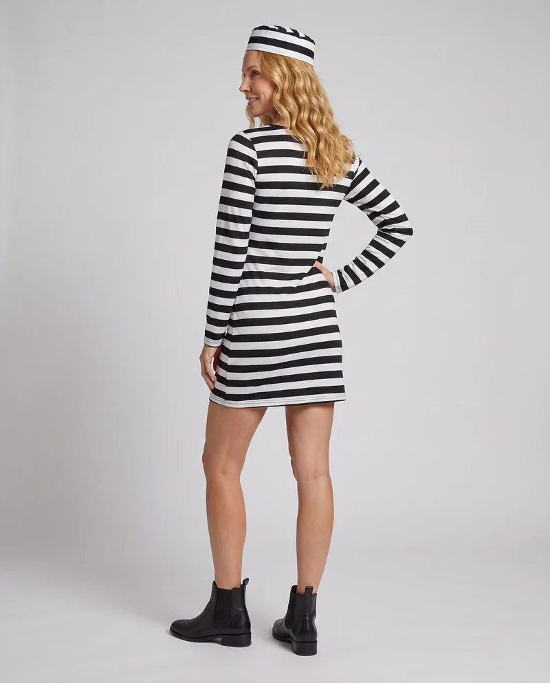 Damen Gefängnis-Outfit mit gestreiftem Design und passendem Hut Drune