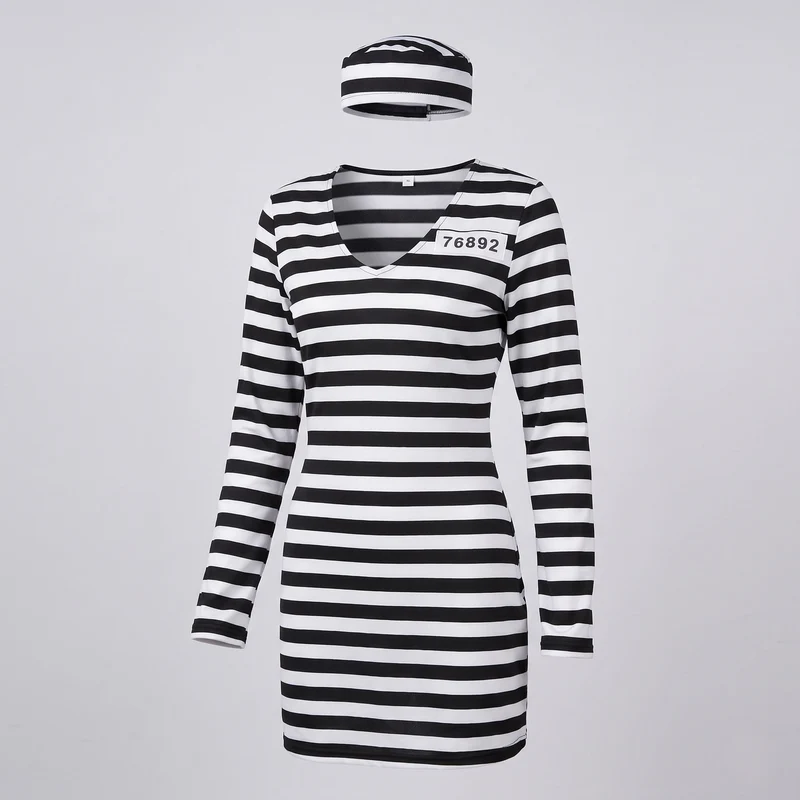 Damen Gefängnis-Outfit mit gestreiftem Design und passendem Hut Drune