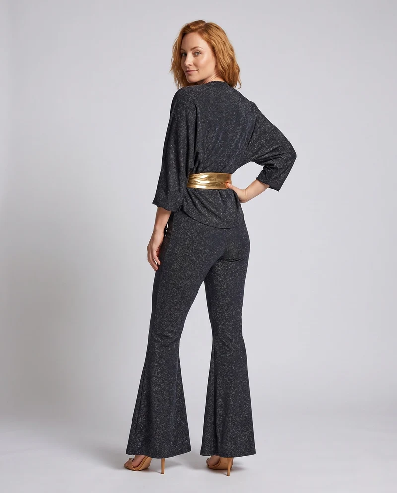 Damen Glitzerndes Flared-Outfit mit eleganter Taillierung und modischem Gürtel Drune