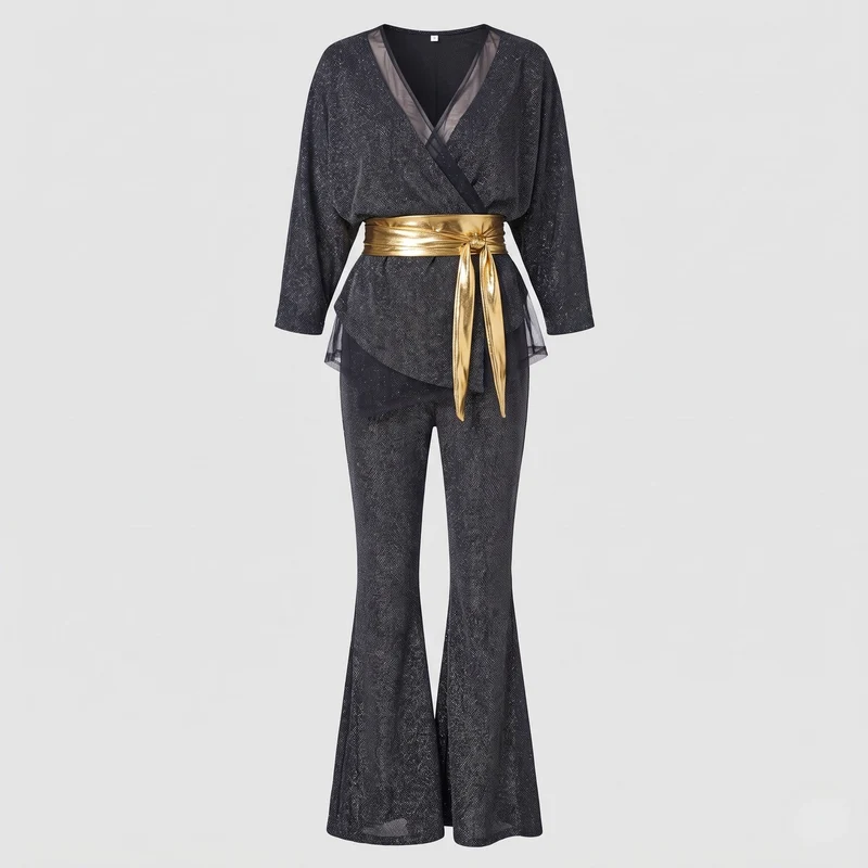 Damen Glitzerndes Flared-Outfit mit eleganter Taillierung und modischem Gürtel Drune