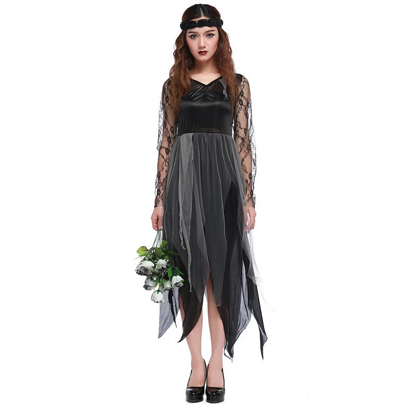 Damen Gothisches Kostüm mit transparenter Spitzenärmel und schwingendem Rock Drune