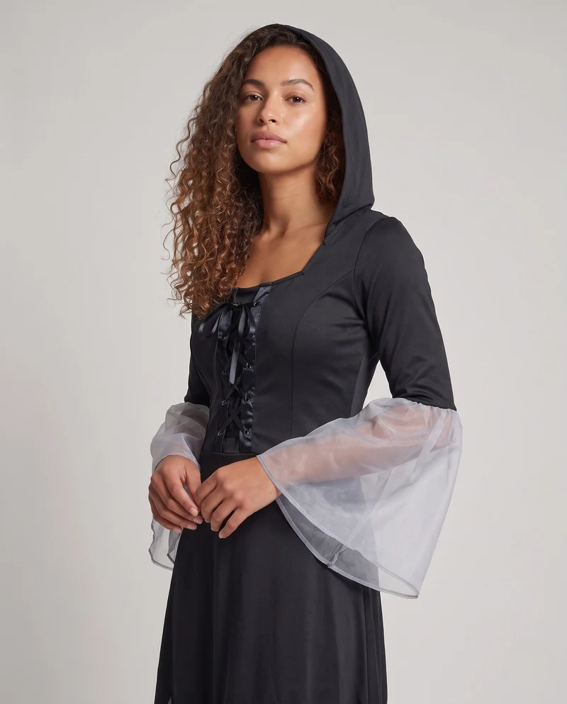 Damen Gruselige Hexenrobe mit transparenten Ärmeln und detailliertem Kapuzen-Design Drune