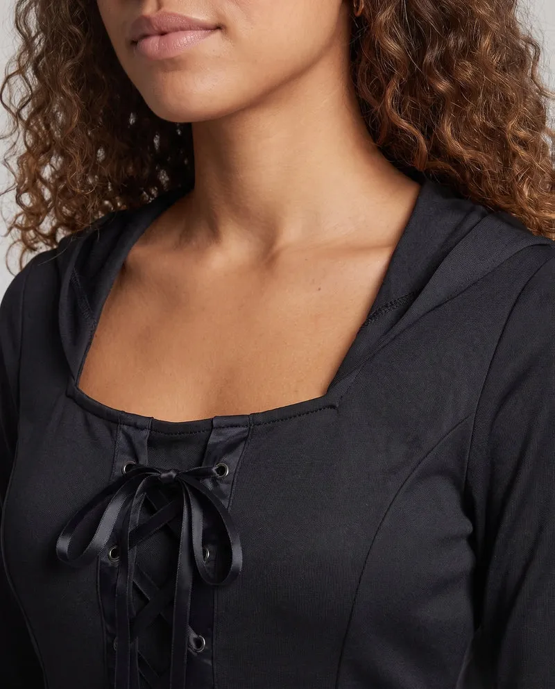 Damen Gruselige Hexenrobe mit transparenten Ärmeln und detailliertem Kapuzen-Design Drune