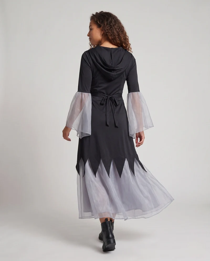 Damen Gruselige Hexenrobe mit transparenten Ärmeln und detailliertem Kapuzen-Design Drune