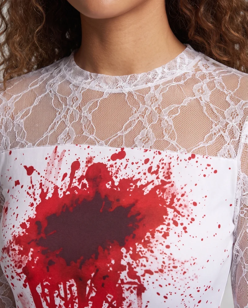 Damen Gruselige Hochzeitskleid mit Blutakzenten und transparentem Schleier Drune