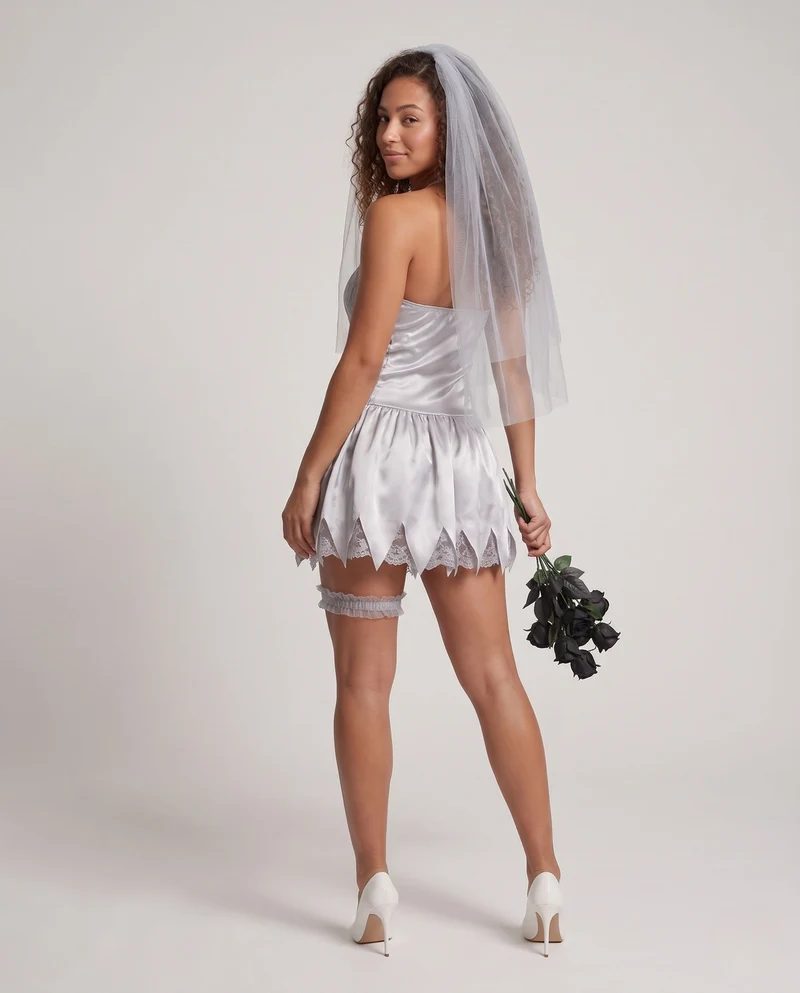 Damen Gruselige Hochzeitskleid mit transparentem Schleier und verzierten Details Drune