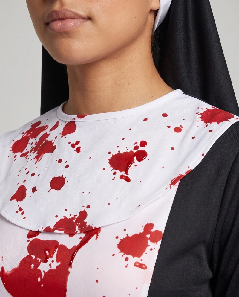 Damen Gruselige Nonne Kostüm mit Blutflecken und Kapuze Drune