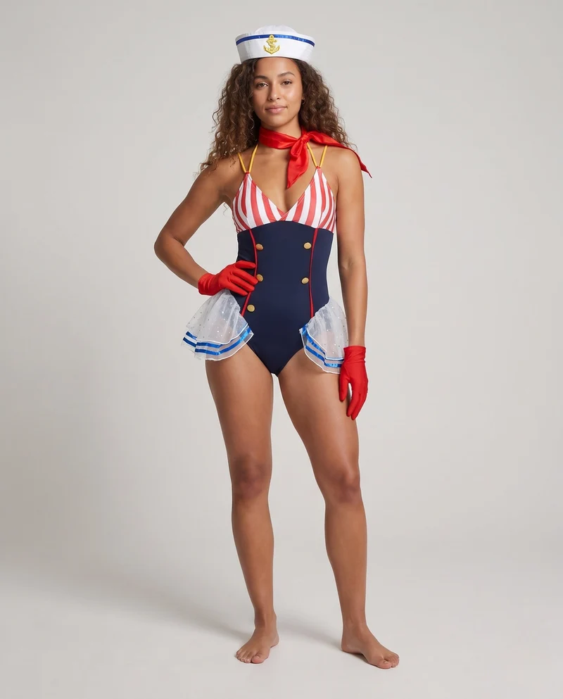 Damen Matrosen Badeanzug mit Rüschen und Accessoires Drune