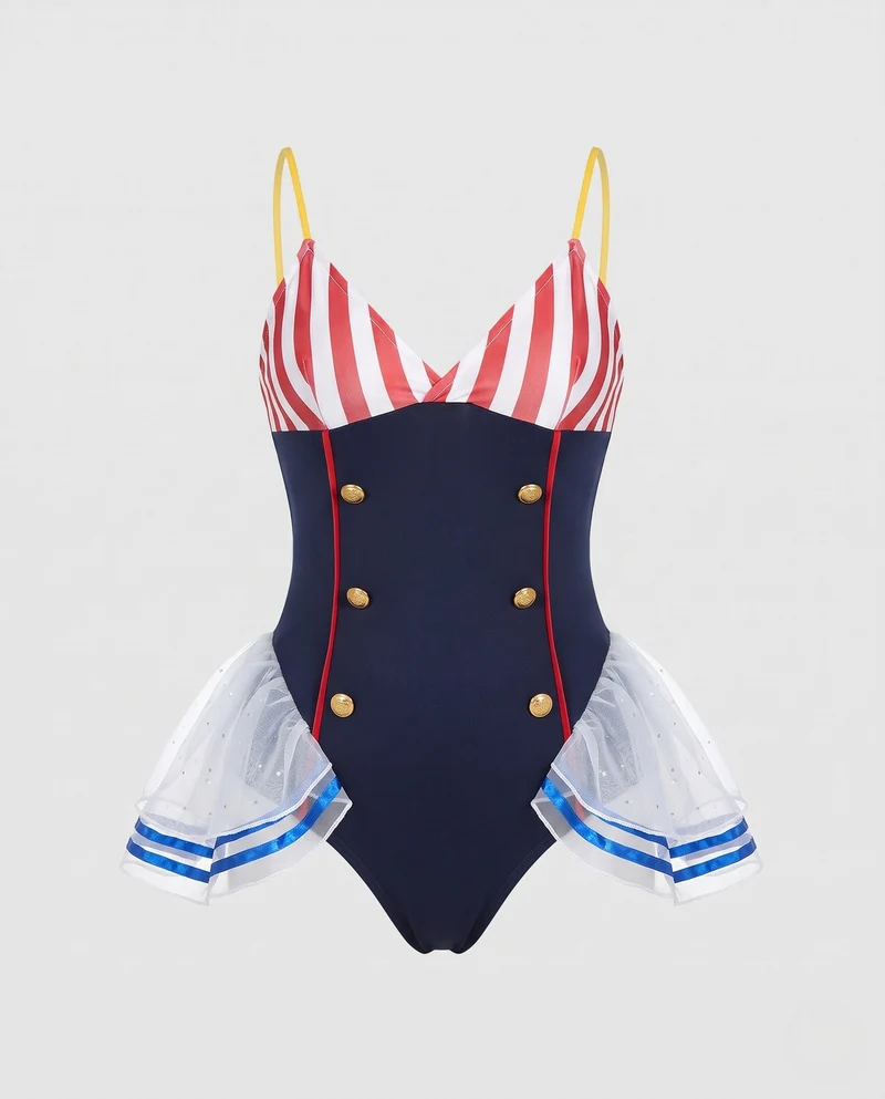 Damen Matrosen Badeanzug mit Rüschen und Accessoires Drune